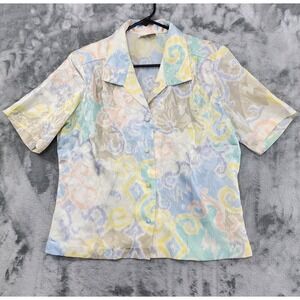 Vintage‎ Alexa Top Womens L Pastel Silky Jacquard Button Front Short Sleeves
